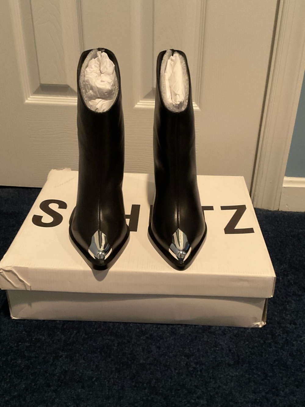 SCHUTZ Black Leather Pointed Toe Ankle Booties with Silver Toe Cap